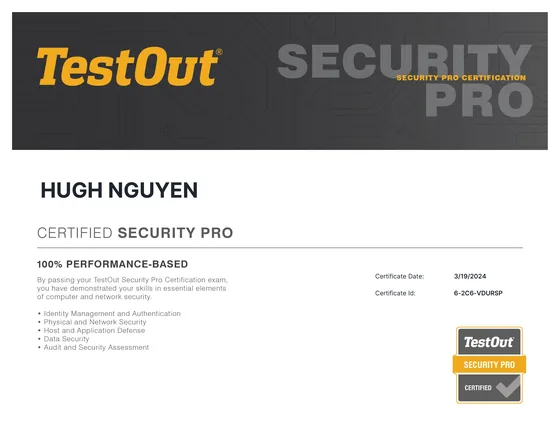 CompTIA TestOut Security Pro certificate